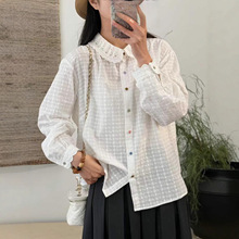 日系小清新 秋季新品文艺复古蕾丝钩花宽松长袖衬衫女打底衫显瘦