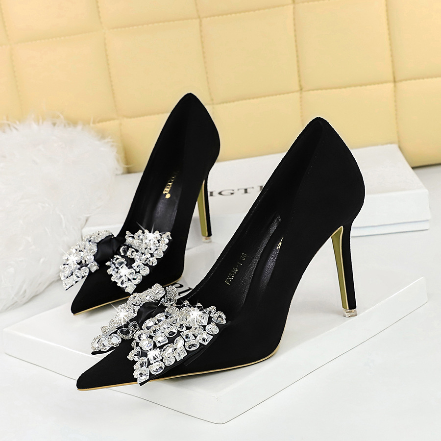 516-H9 Korea Style Fashio Party High Heels Stiletto Suede Shallow Poited Toe Rhiestoe Bowkot Sigle Shoes For_vogvips.com
