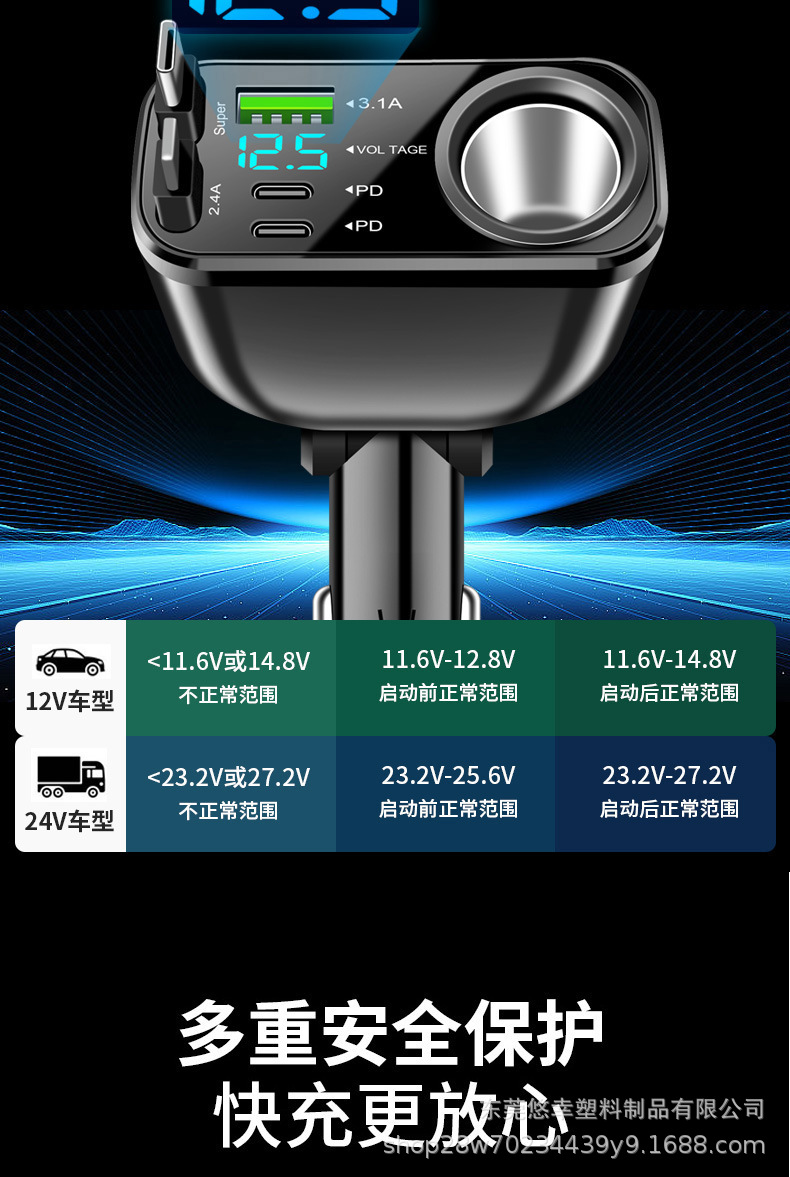 Car super-fast charging phone charger with one-to-one cigarette lighter adapter, multifunctional car charger conversion plug