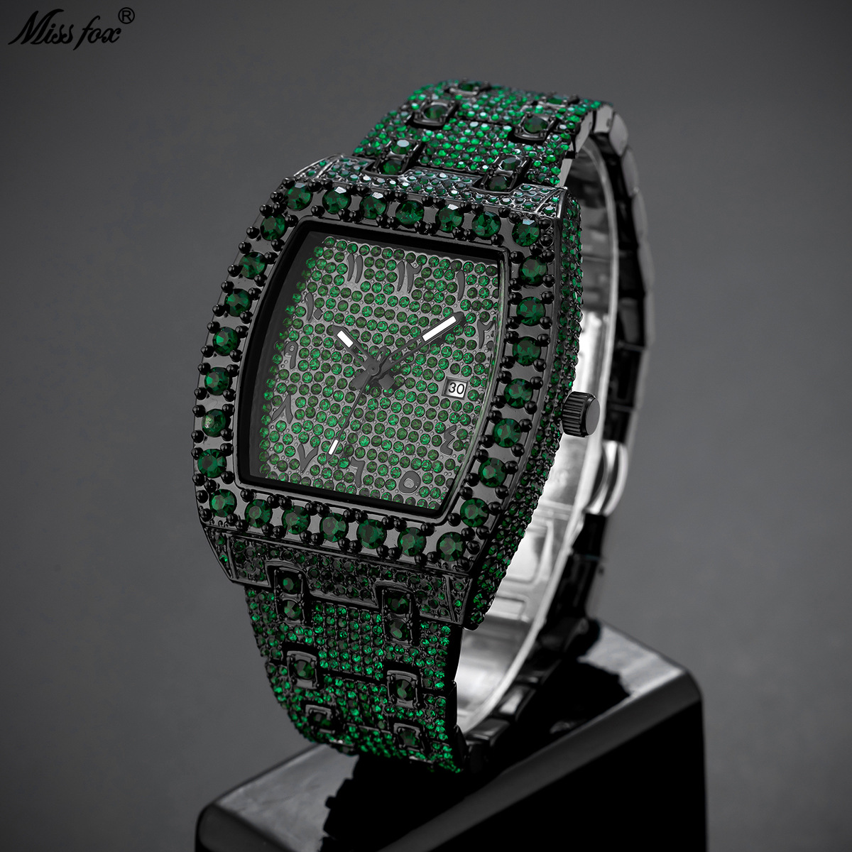 MISSFOX European And American Fashion Punk Hip Hop Full Men's Green Diamond Waterproof Calendar Quartz Watch Trendy_voghion.com