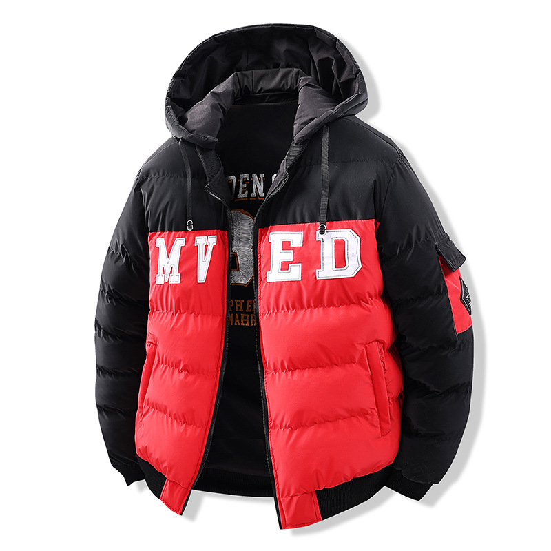 Wattierte Herrenjacke mit Stickerei, Daunenfüllung, dicker Baumwolle, kontrastfarbenem Futter, lockerer, abnehmbarer Mütze und doppelseitiger Kapuze_voghion.com