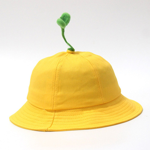 Sunshade Sun Hat for Kindergarten Children, Trendy and Cute Autumn/Winter Fisherman Hat with Green Sprout, Logo Printed Yellow Hat for Primary School Students