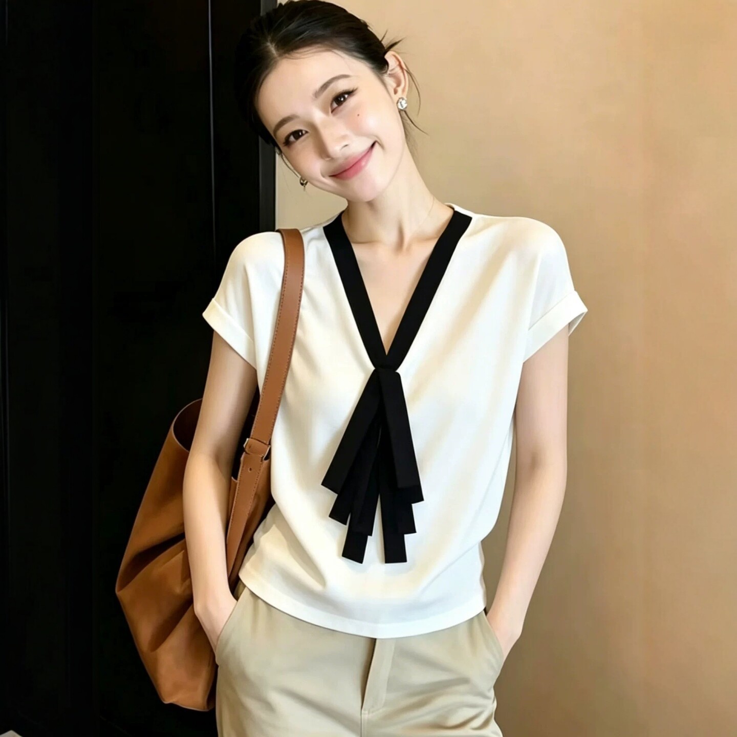 Áo thun nữ cổ V phối màu tay ngắn phong cách Hàn Quốc — Màu ảnh chi tiết 4