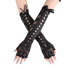 European and American sexy lace strap gloves, long temptation ribbon rivets, half-finger ceremonial ball gloves, nightclub cool