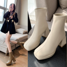 靴子女2025新款高跟马丁靴女秋冬韩版后拉链女士方头皮面女靴子潮