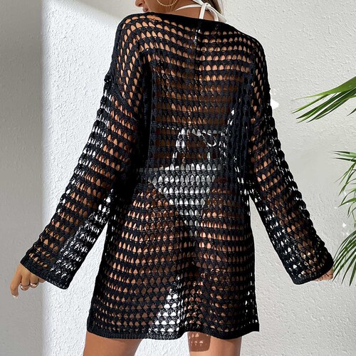 European and American Summer Women's Wear: Sexy Knitted Hollowed-Out Crew-Neck Long-Sleeve Bikini Swimsuit Cover-Up
