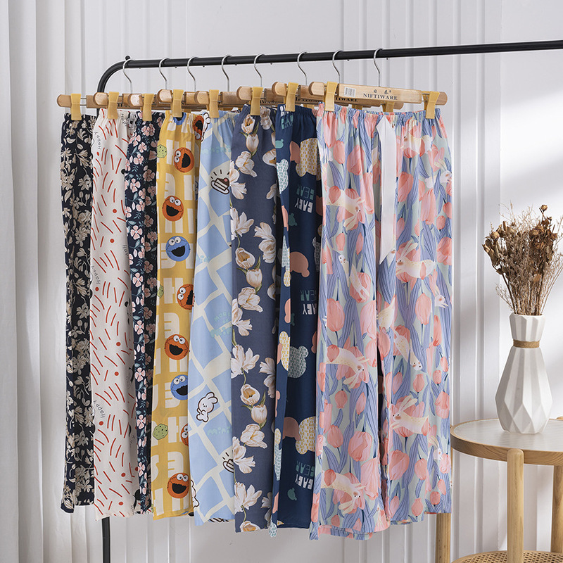 L Size Cotton Silk Women's Summer Loose Long Pants Maternity Sleepwear Pure Cotton Thin Wide-Leg Pants with Cooling Effect