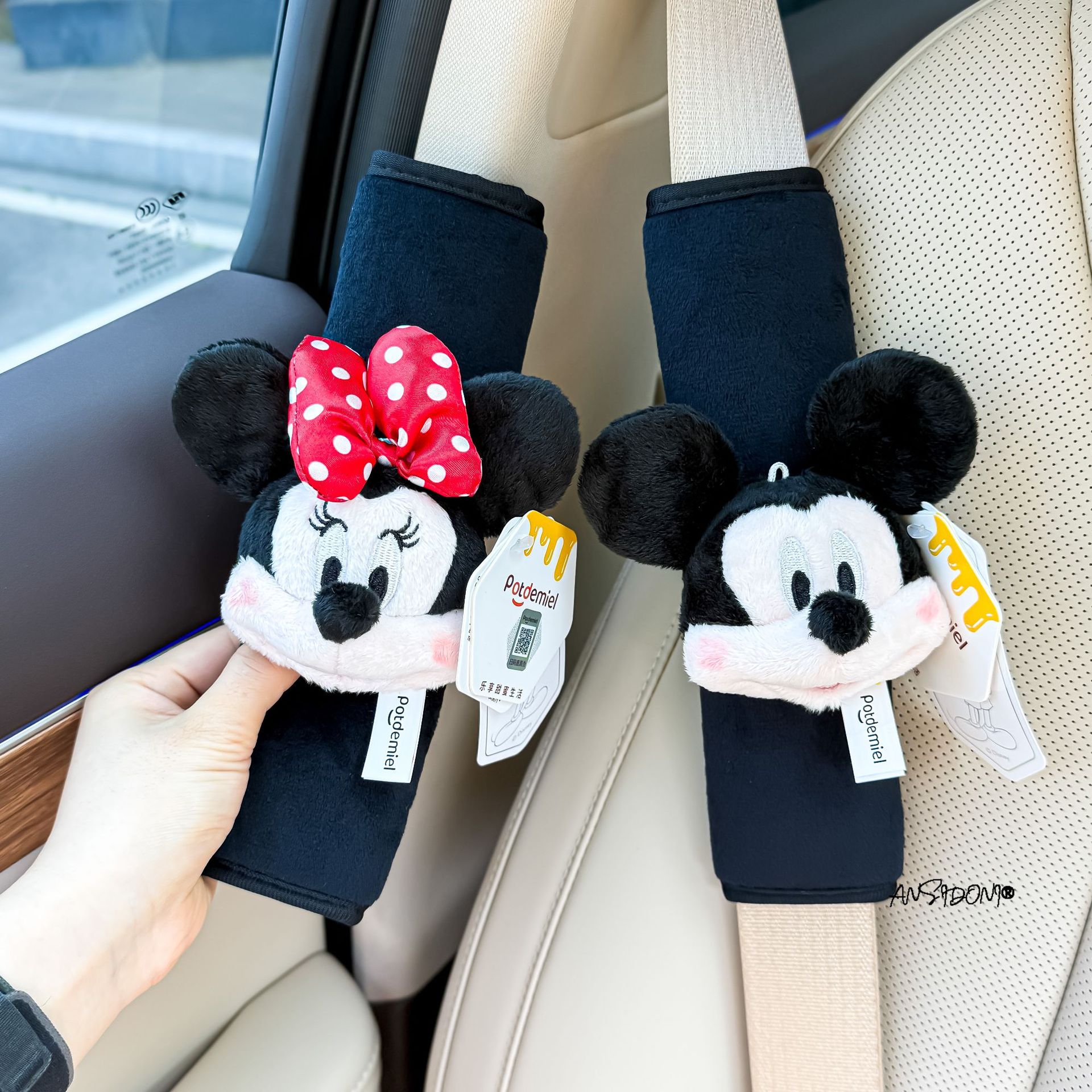 Car Seat Belt Shoulder Pads Creative Car-Mounted Cute Mickey and Minnie Gear Handle Cover Decorative Safety Belt Protective Cover for Women