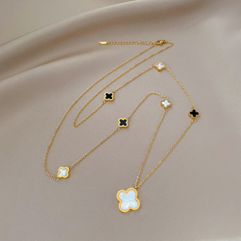 Lucky Grass Double Sided Necklace Minimalist Real Gold Chain_voghion.com