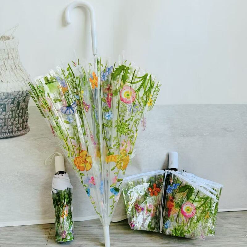 Spot Ins Three-Fold 8-Bone Transparent Umbrella Korean Style High-Value Transparent Umbrella Forest Style Small Fresh Flower and Grass Umbrella