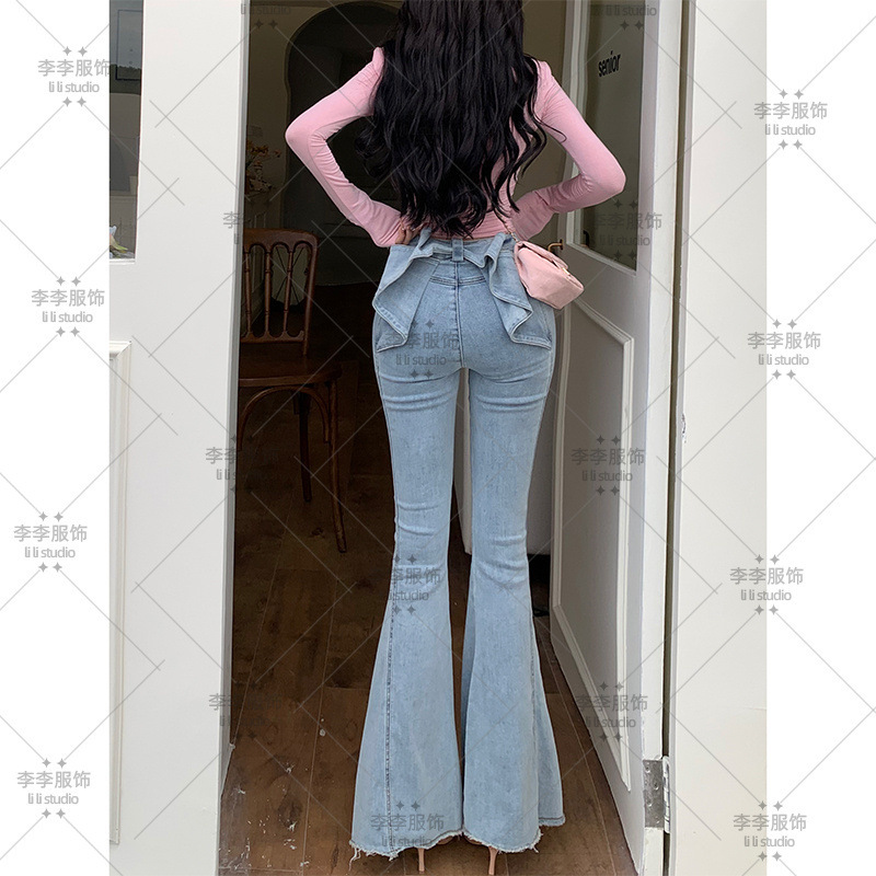 亦菲同款立体蝴蝶结牛仔裤女2025夏款欧若风高腰显瘦翘臀喇叭裤子|undefined