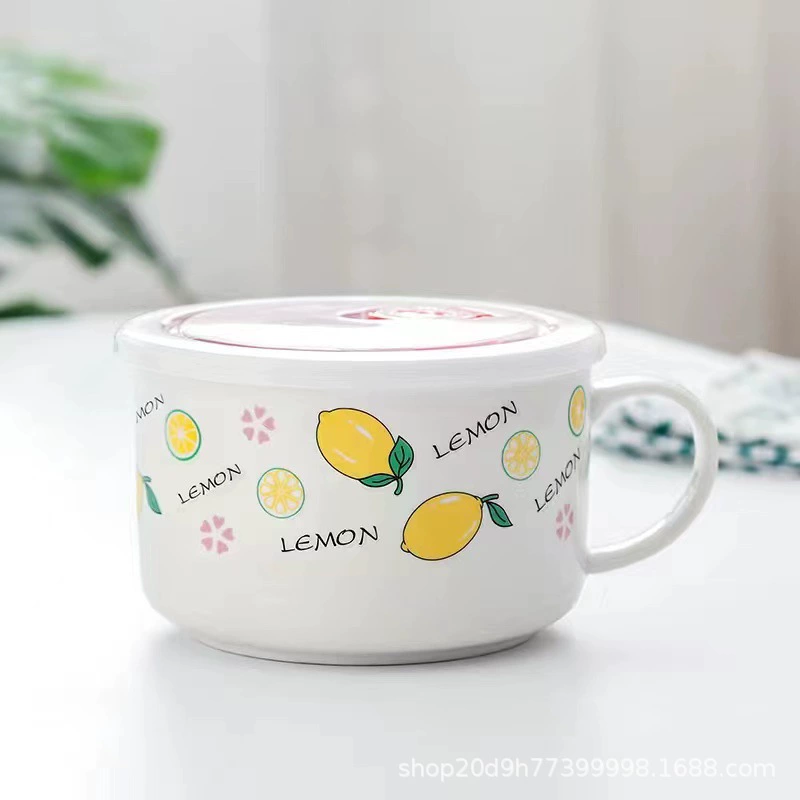 Microwave ceramic noodle bowl with lid and handle, 5.25″ and 6″, cute printed designs