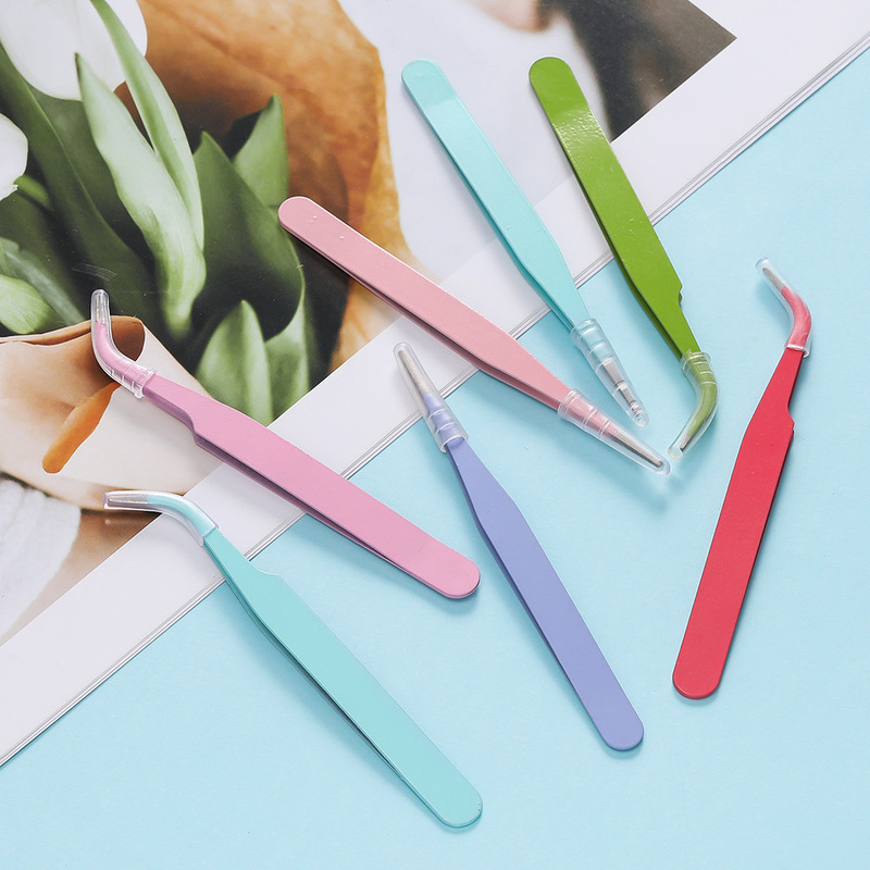 DIY Colorful Pointed Elbow Clip Stainless Steel Tweezers Macaron Pink Eyelashes Handmade Handbook Tweezers Wholesale