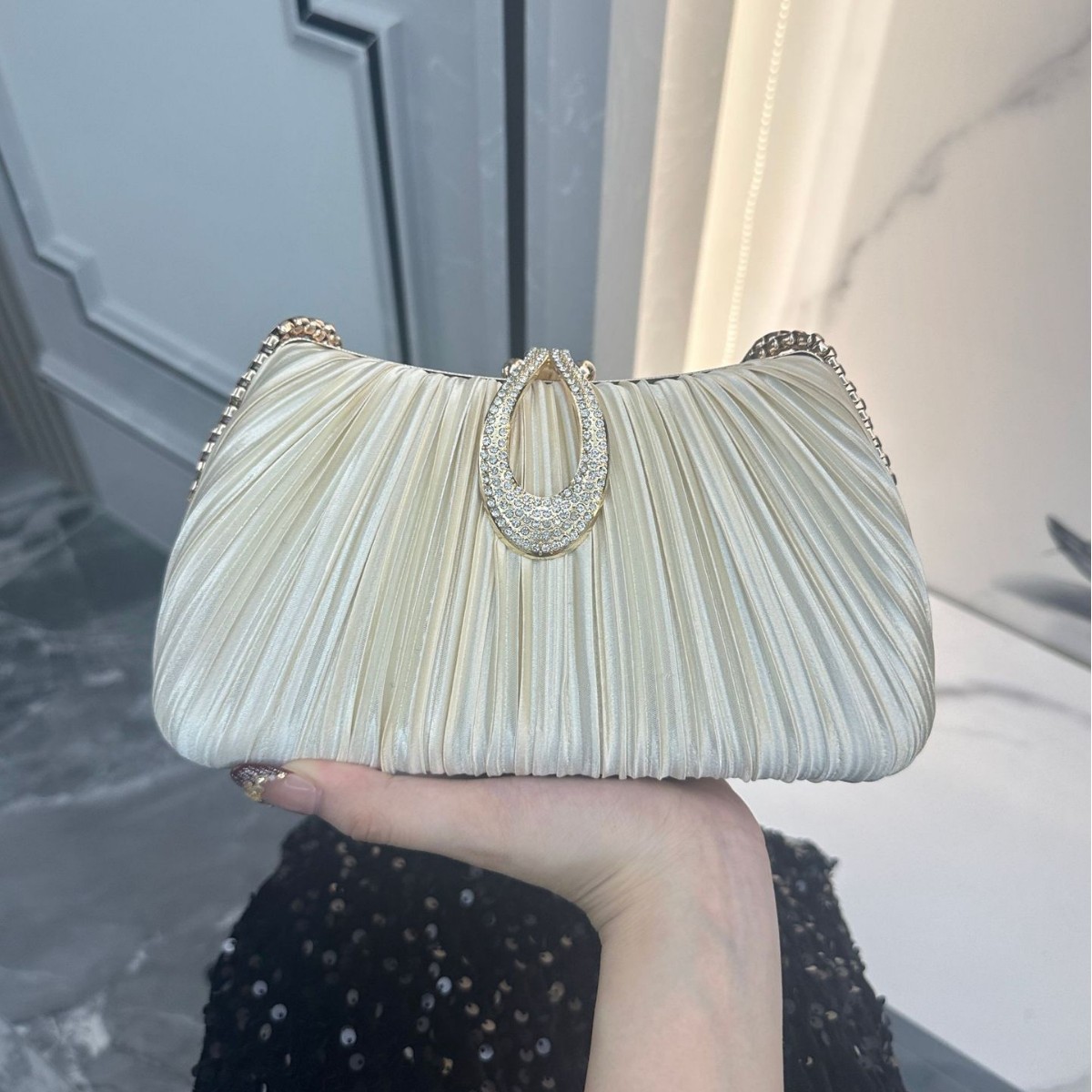 Cross-border Europe & US Pleated Minimalist Versatile Trendy Elegant Cheongsam Banquet Bridal Evening Clutch Solid Color Handbag - Thumbnail 2