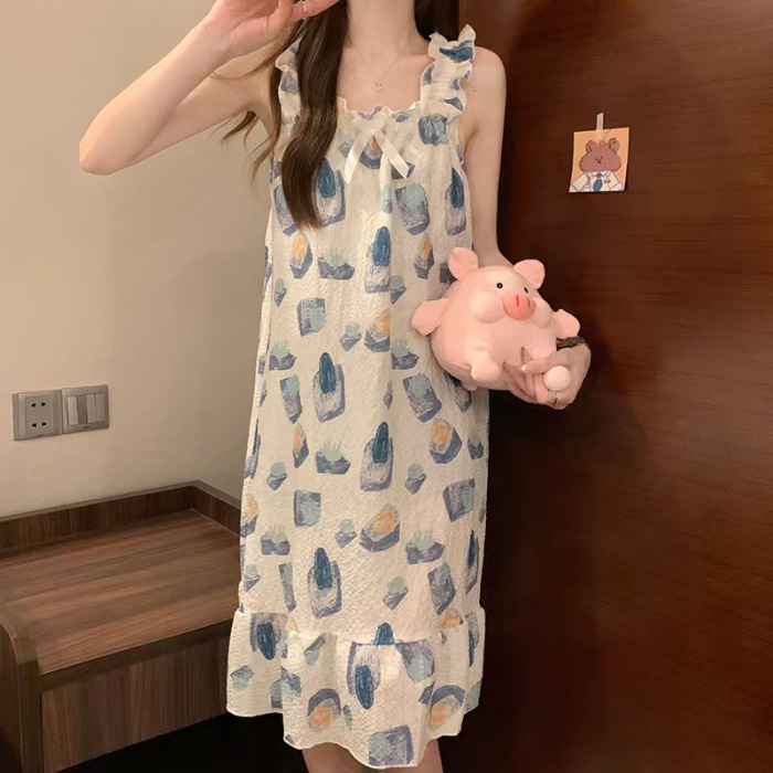 2024 verano colga cojín de pecho pijama niñas lindas dulces cómodas burbujas tela arrugada vestido de dormir ropa de mujer para el hogar