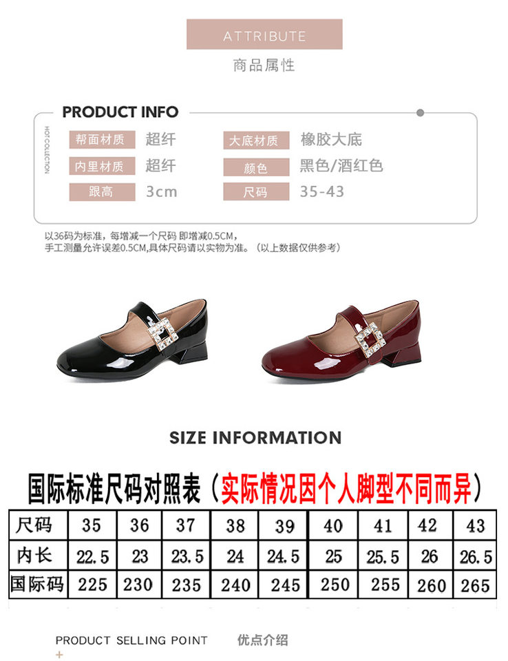 Giày Mary Jane nữ quai ngang đính đá gót thô 3–5 cm mũi vuông — Màu đen, Màu đỏ chi tiết 6