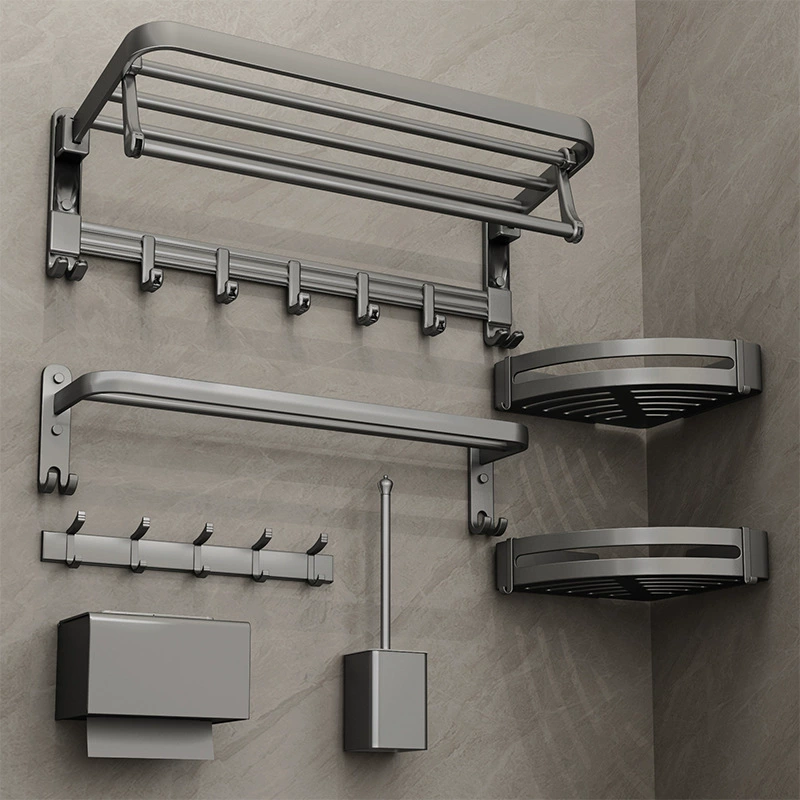 Foldable Gun Grey Towel Rack Wall-Mounted Space Aluminum Bathroom Storage Frame