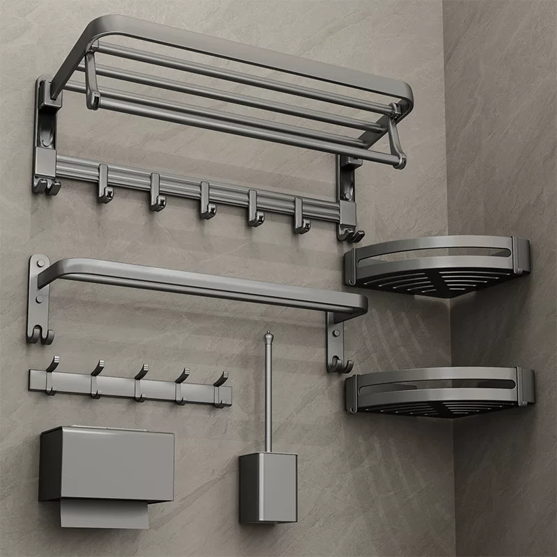 Foldable Gun Grey Towel Rack Wall-Mounted Space Aluminum Bathroom Storage Frame