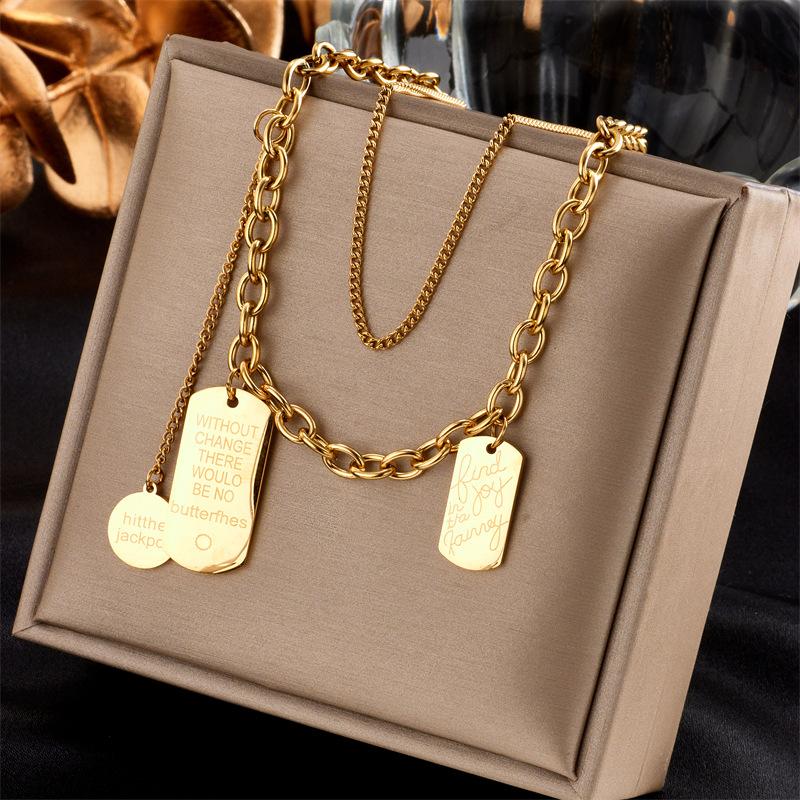 fashion simple titanium steel geometric square pendant muilt-layer necklace