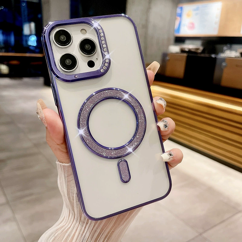 Применимо для Apple 16promax чехол для телефона флэш-порошок магнитный присасывающий страз с прозрачным покрытием iPhone15 расширенный защитный чехол