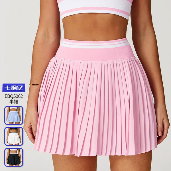 Cross-Border Summer Half-Length Contrasting Pleated Skirt High-Waisted A-Line Fitness Sports Skirt Anti-Exposure Tennis Skirt 5062