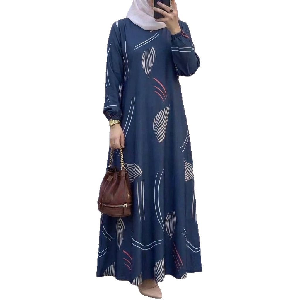 In Stock Cross-Border New Printed Middle Eastern Muslim Malay Full Sleeve Round Neck Robe Long Dress Factory Wholesale_ecoleips.com