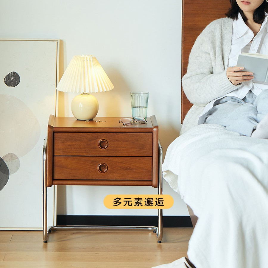 Scandinavian Solid Wood Bedside Table Home Small Apartment Stainless Steel Double Drawer Storage Locker Bedroom Retro Bedside Side Cabinet