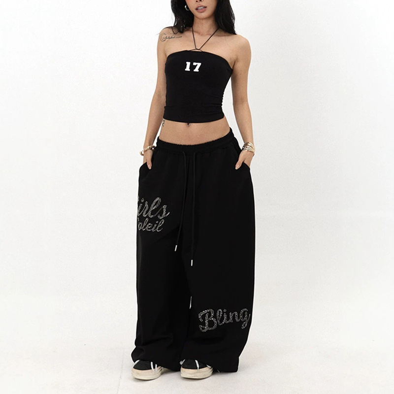 American Retro Style Rhinestone Jazz Loose Sports Wide-Leg Pants Street Dance Hip-Hop Floor-Length Pants