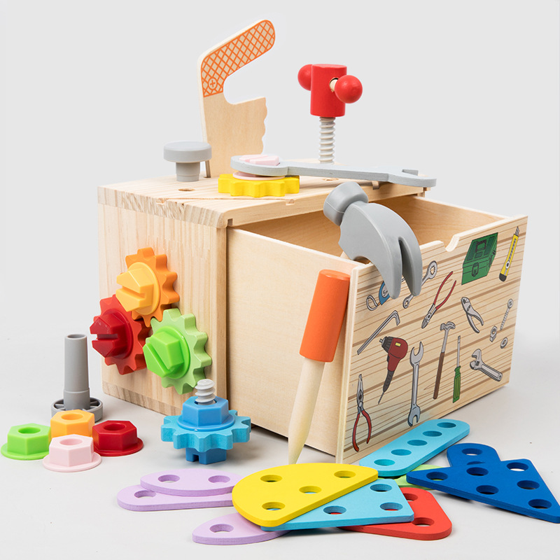 Caja de herramientas de cajón multifunción de madera para niños traje bebé color juego ejercicio coordinación mano-ojo ángulo juguetes educativos