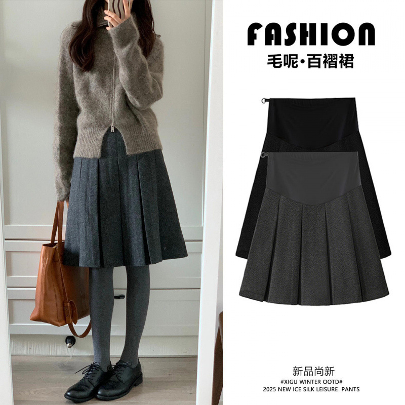 Maternity Skirt Gray Woolen Pleated Skirt Autumn and Winter New Korean Style Mid-Length Skirt for Work, Slimming A-Line Skirt