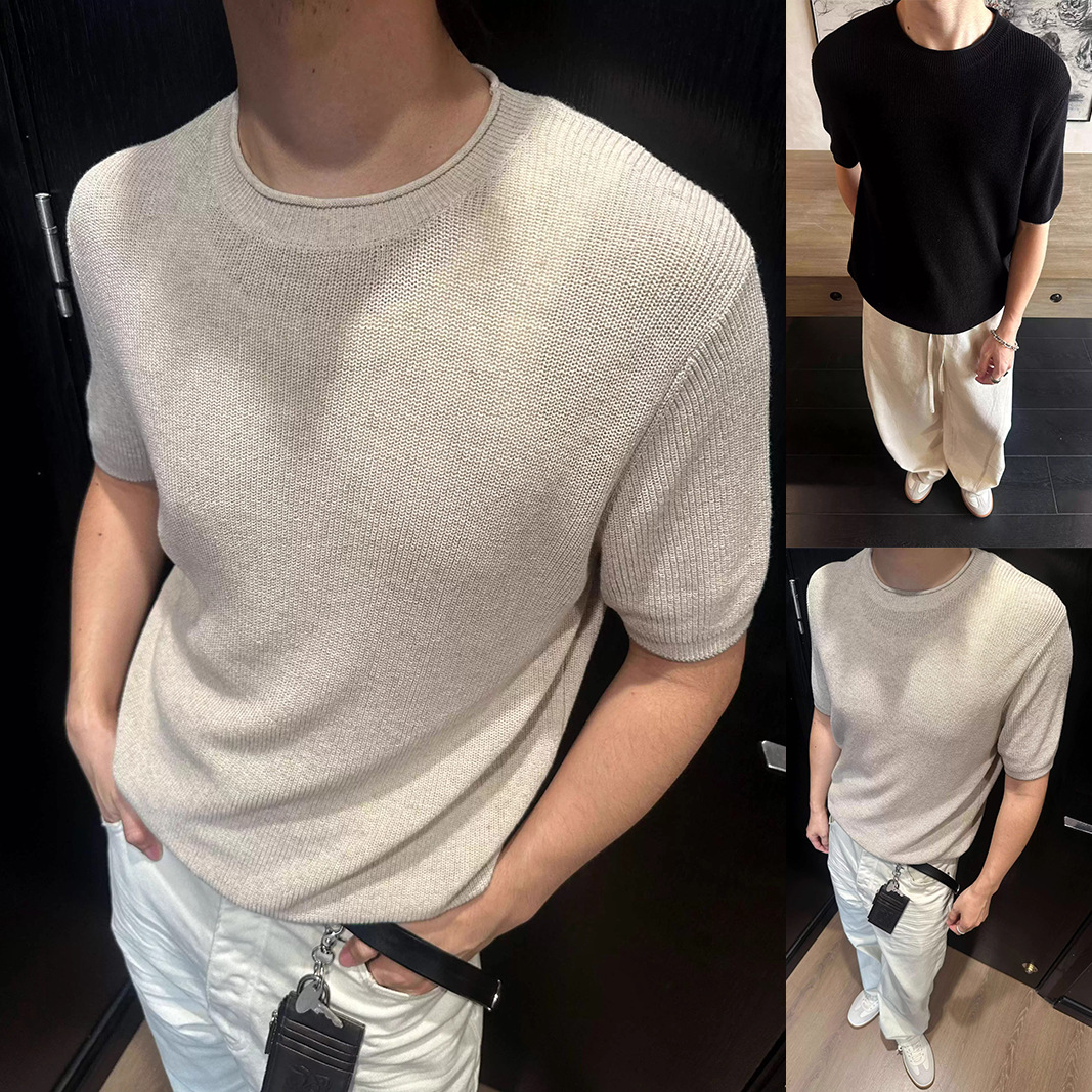 Camisa de punto de manga corta hombre cuello redondo hueco seda de hielo transpirable verano viejo estilo de negocios de color sólido en la fábrica transfronteriza al por mayor