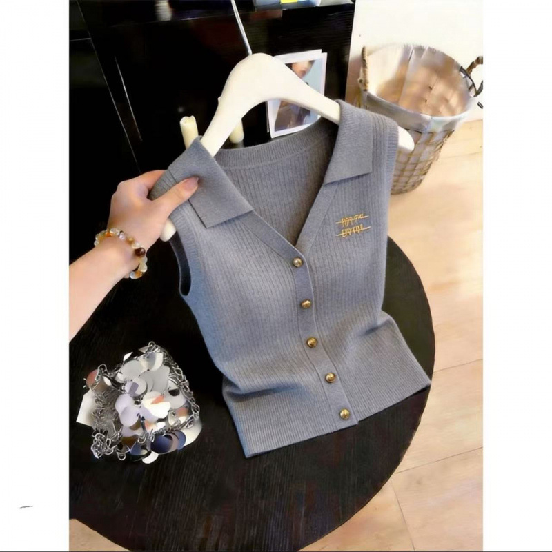 Summer New Style Women's Collared Sleeveless Knitted Vest Slim Fit Short Top_ecoleips.com