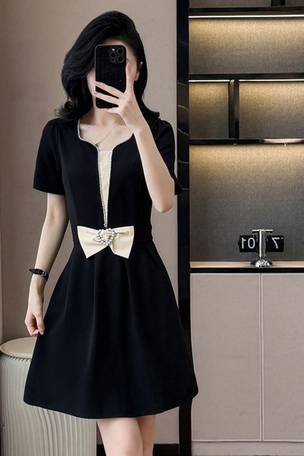 Váy đen suông midi cỡ lớn mùa hè che khuyết điểm tôn dáng — màu đen chi tiết 1