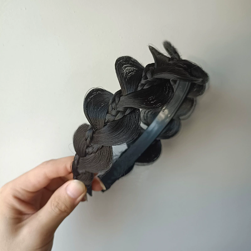 handmade wig headband with pigtail, scalloped hair accessory, matte silk, Ø≈15 cm
