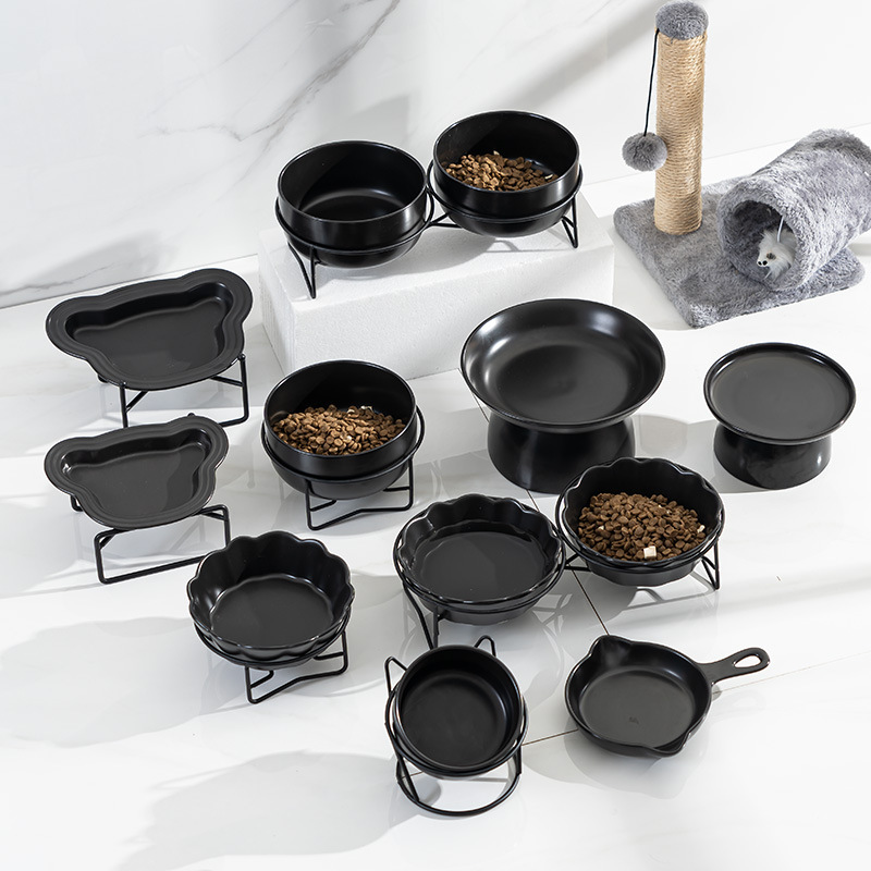 Black Cat Bowl Cat Food Basin Ceramic Pet Dog Drinking Bowl Large Diameter Rice Bowl High Foot Oblique Anti-knock Neck Protection