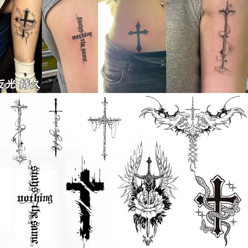 Cross-themed herbal tattoo stickers, atmospheric, waterproof, long-lasting, high-end, bold, realistic imitation tattoos, ins juice style