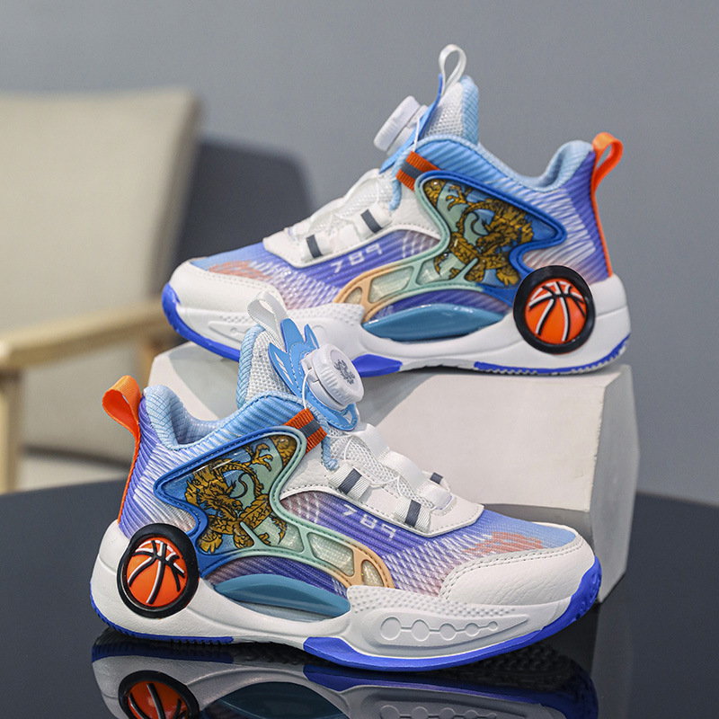 Zapatos para niños, calzado deportivo, 2025 nuevas zapatillas de baloncesto para niños de verano, zapatillas transpirables de malla con hebilla giratoria para niños de mediana edad