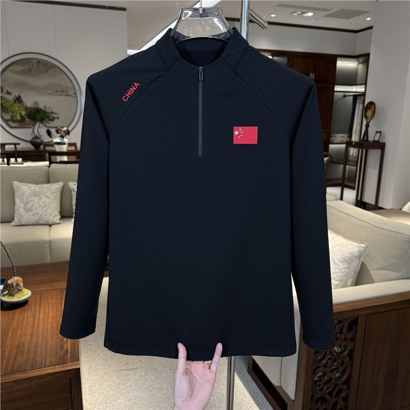 New autumn and winter outdoor zip-up sweatshirt, long-sleeve men's base shirt, T-shirt with national flag design, outdoor sports casual top, trendy