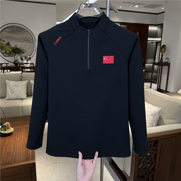 New autumn and winter outdoor zip-up sweatshirt, long-sleeve men's base shirt, T-shirt with national flag design, outdoor sports casual top, trendy