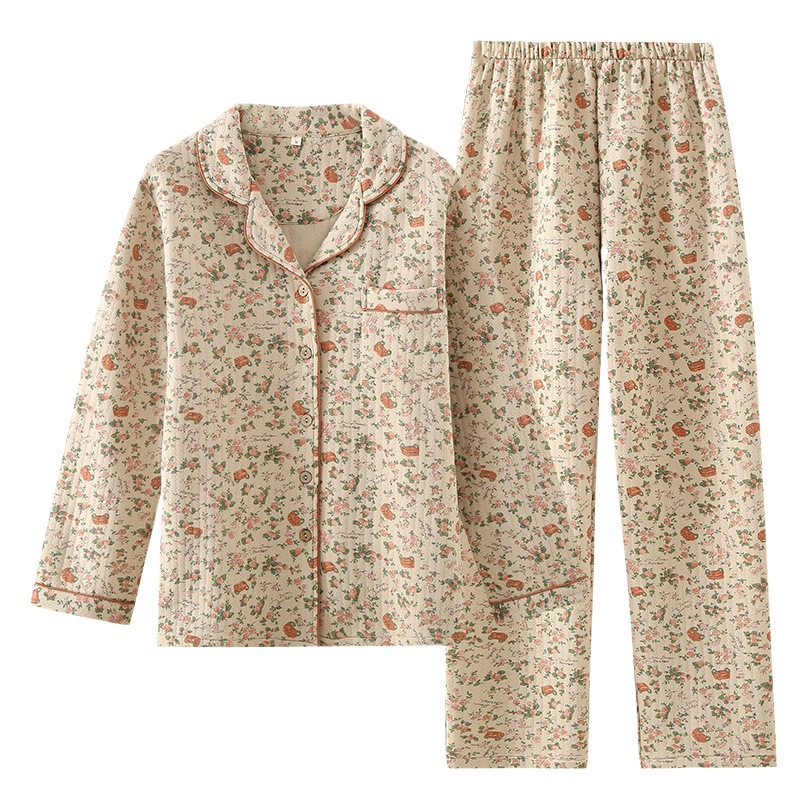 Pijamas acolchados Otoño e Invierno de las mujeres la solapa manga larga retro pijamas sueltos desgaste del hogar se puede usar fuera estilo japonés