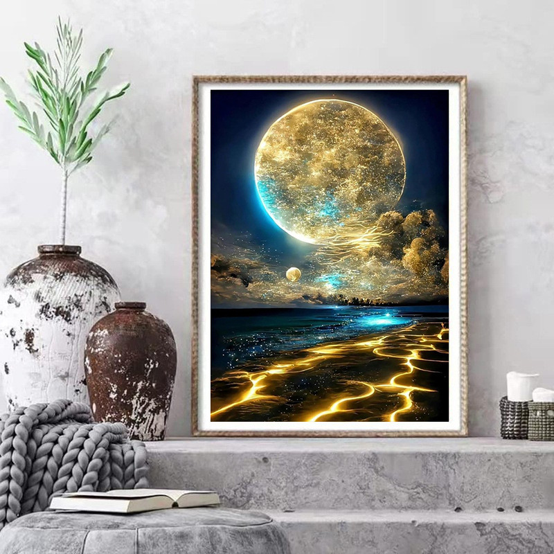 Pintura de diamante de luna transfronteriza, pintura de diamante redonda, pintura de diamante de sala de estar, pintura de diamante DIY, certificación transfronteriza 20X20.