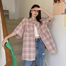 美式复古粉色格子衬衫女款夏季高级设计感小众小个子休闲短袖外套