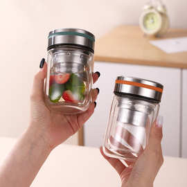 双层玻璃杯高级感泡茶水杯子带茶漏便携车载水杯男女士简约矮胖胖