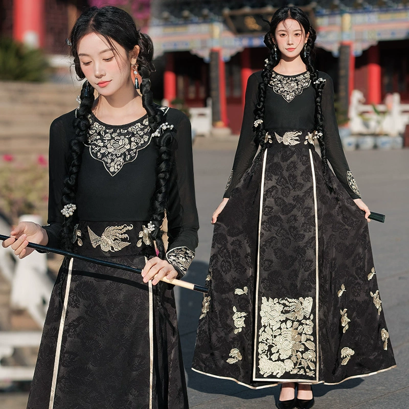 Женская футболка с длинными рукавами и вышивкой в этническом стиле 2024 года + жаккардовая Тяжелая вышивка, большая качающаяся юбка макси, костюм в национальном стиле