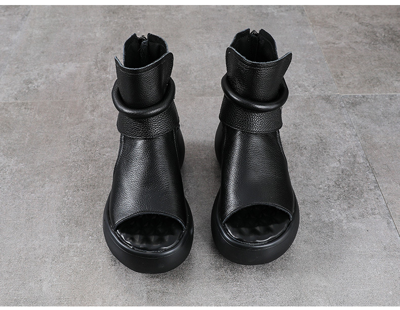 Sandal hở mũi nữ da bò thật đế dày tăng chiều cao khóa kéo — màu đen chi tiết 11