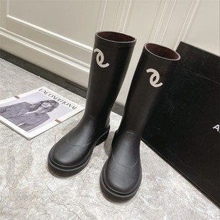 Chanel Style Long Barrel Rain Boots for Women but Knee Long Boots Middle Fashion Knight Boots Black Round Head Non-slip Middle Barrel Water Boots