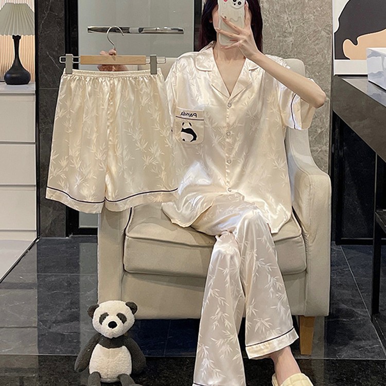 Ice Silk Pajamas Women's Spring and Autum Three-Piece Suit Short-Sleeved 100kg Thin Silk Summer Large Size Fat mm Home Clothes