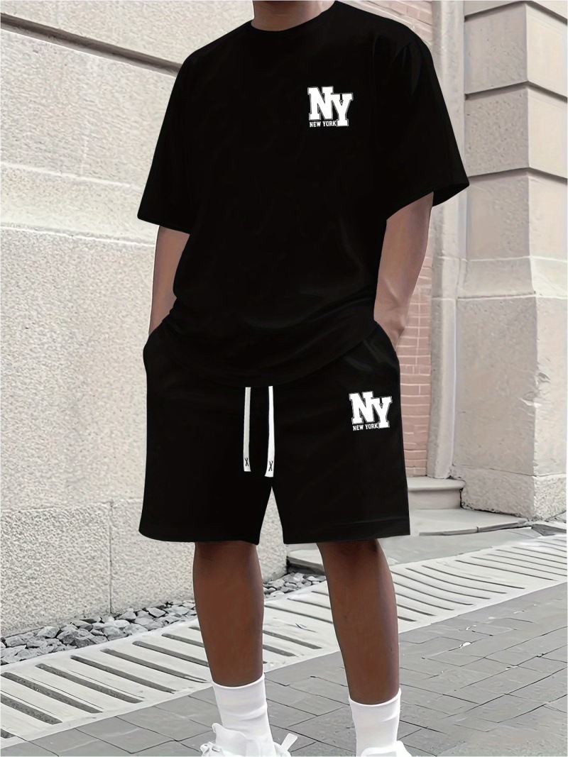 Men's Casual Summer T-Shirt & Shorts Set With NY Letter Print, Cotton Comfort Outfit_viptrois.com