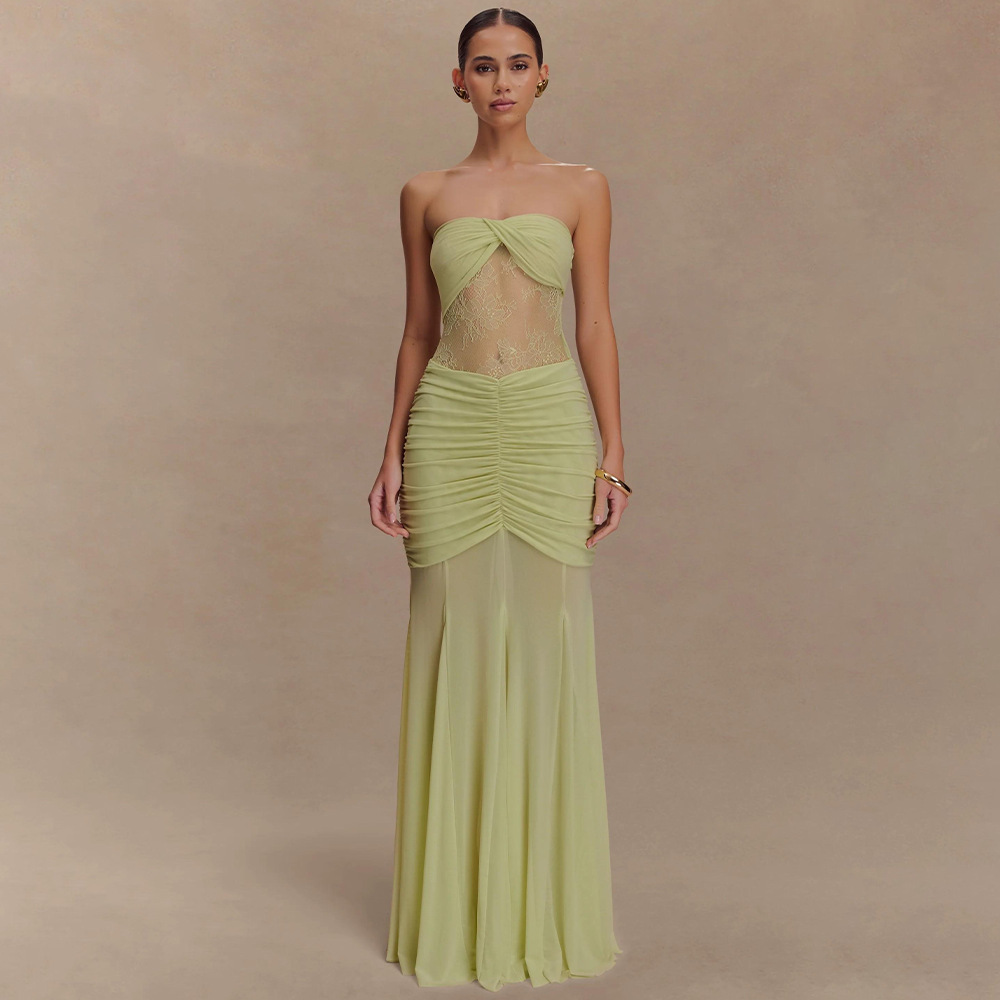 Europa y América transfronteriza 2025 verano nuevo estilo sin mangas top de tubo falda larga sexy chica caliente pliegue hueco vestido delgado mujer