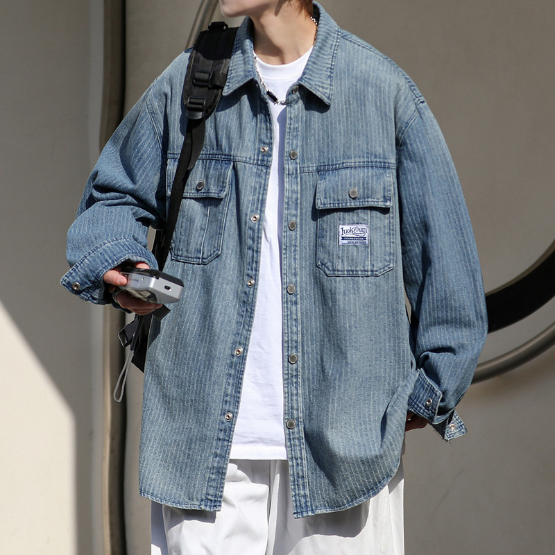 Camicia in denim a righe con effetto sfumato da uomo, stile vintage americano, vestibilità ampia, giacca casual versatile per ragazzi._voghion.com